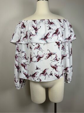 Aritzia Wilfred White Off-Shoulder Floral Ruffle Blouse